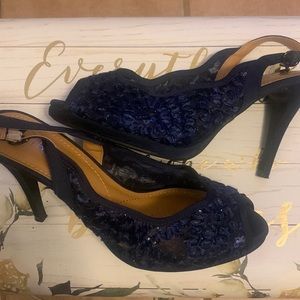 Navy blue peep toe pumps